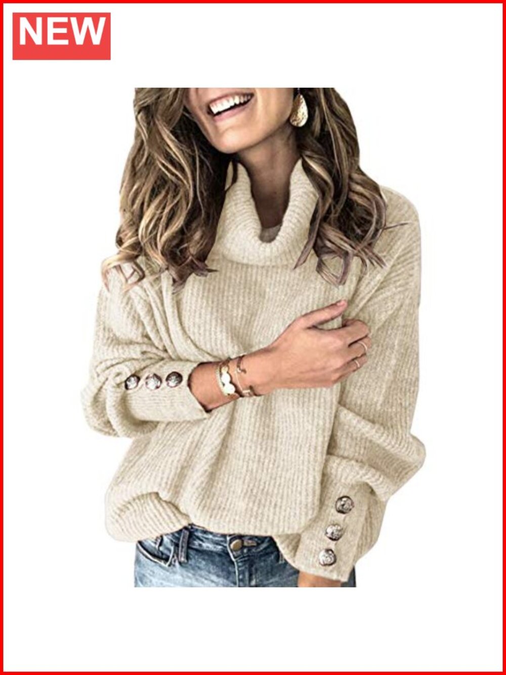 Oversized Cowl Neck Slouchy Knit Sweater Button Cuff Warm Winter Pullover